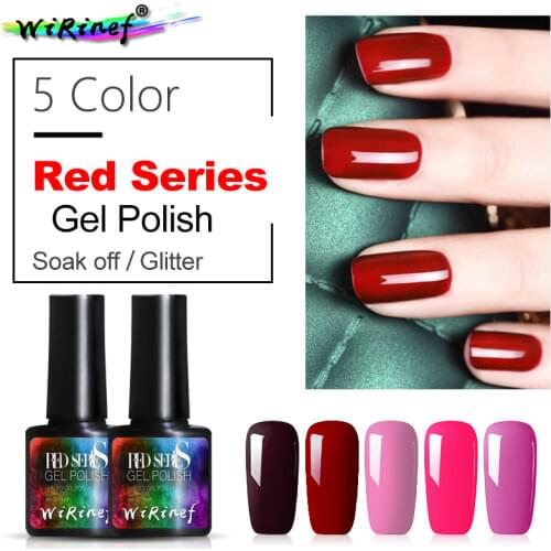 WiRinef 5 Colors UV Nail Gel Polish Red Series Colorful Nail Varnish Manicure Nails Lacquer Gel Primer Top Coat Glue