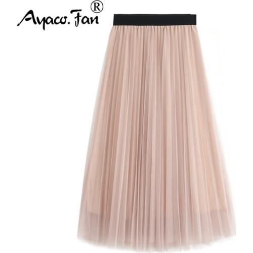 2019 Summer Tulle Skirts Womens Girls Sweet Lady Black Gray Pink Adult Tulle Skirt Elastic Female High Waist Pleated Midi Skirt