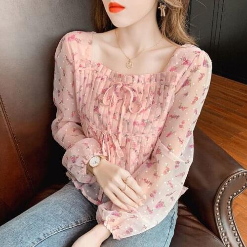 Temperamnt Women Autumn Long Sleeve Floral Chiffon Shirt Aesthetic Print French Style All-Match Blouses Ladies Blusas MM1142