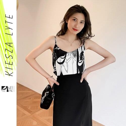 Womens Print Tops Summer 2021 New Style Unique Abstract Pattern Straps Top Korean Fashion Clothing