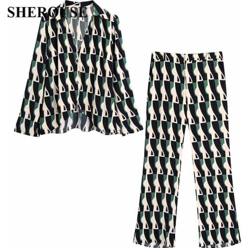 SHEROUSE 2021 Two Piece Set Women Vintage Printed Shirt Fashion Elastic Waist Trousers Casual Woman Outfit Pants Sets