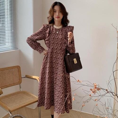 Women Cottagecore Dress Red Clothessummer Fall Dresses Floarl Print Stringy Selvedge Slim Body Female Longsleeves Woman Dress