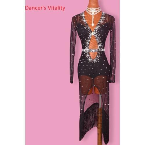 Latin Dance Dress Women Diamond V Collar Open Long Sleeves Salsa Tango Rumba Flamengo Ballroom Latin Dance Competition Costumes