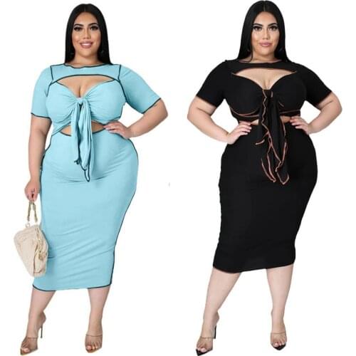 Plus Code New Party Europe and The United States Sexy Big Size Womens Dress Solid Color Reverse Hollow Strap Large-size Dress