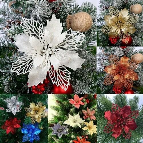 10Pcs Christmas Large Poinsettia Glitter Tree Flower Hanging Party Xmas Decor Gift AC889