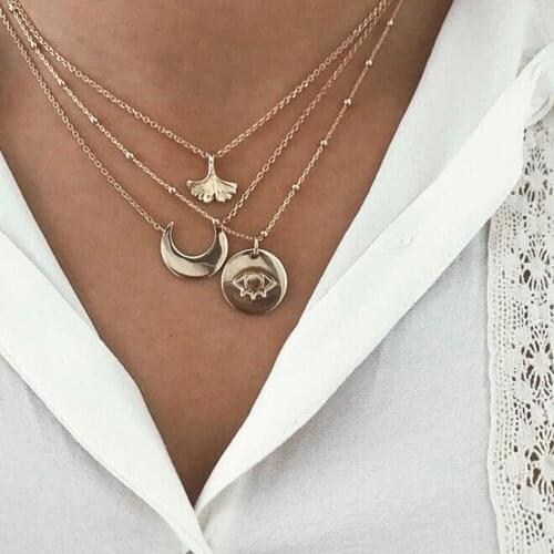 3 Pcs/Set Bohemian Retro Moon Disc Leaves Eyes Beaded Gold Multi-layer Necklace Set Party Wedding Jewelry Valentine Gift