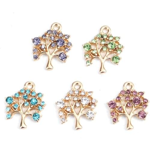 5 Piece Fruit Tree Charms Zinc Based Alloy Rhinestone Charms Gold Color Blue16* 14mm For DIY Necklace Jewelry Handmade Making