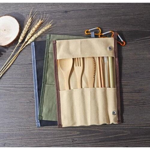 7PCS/SET Portable Cutlery Set With Bag Outdoor Travel Bamboo Flatware Set Knife Chopsticks Fork Spoon Dinnerware Sets SN2117