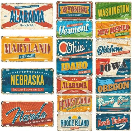 American States Travel Destination Metal Plaque Landmarks Retro Grunge Wall Plate Club Pub Bar Home Industrial Decoration