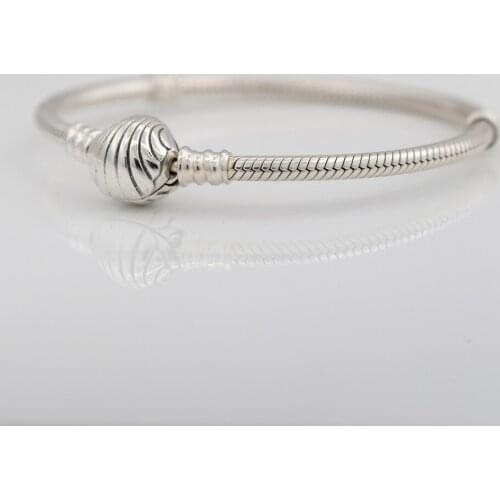 Authentic S925 Silver Bead Charm Dangle Bracelet for Women Seashell Clasp Snake Chain Bracelet Girl Lady Gift