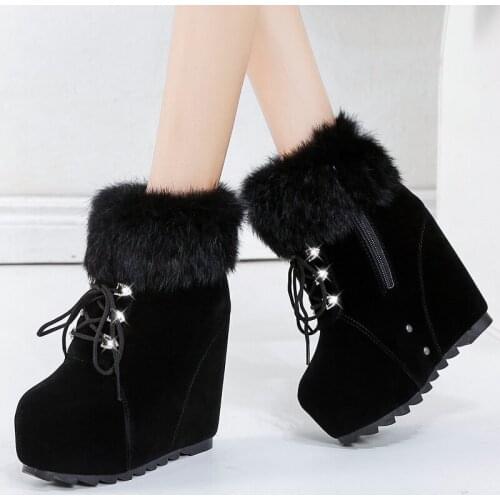 Crystal Lace Up Fluffy Fur Ankle Boots Women Super High Heels Wedges Snow Boots Winter Warm Plush Plaform Shoes Woman
