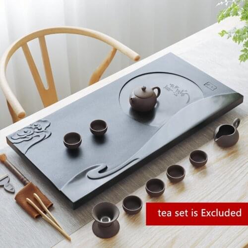 Engraved moon cloud tea tray water draining tea table for kungfu tea set heavy black stone tea boat Chinese serving tray carved