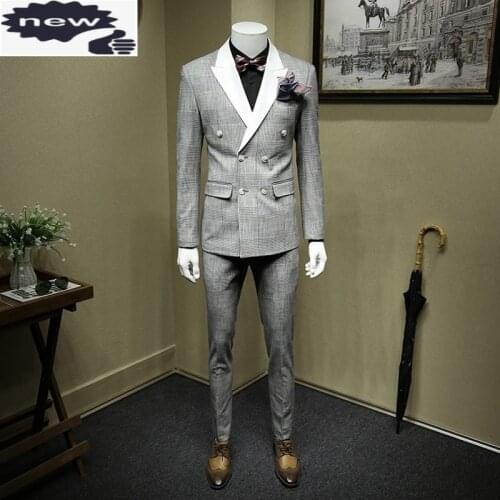 England Style White And Black Plaid Business Gentleman Blazer Suit Vintage Double Breasted Wedding Dress Smart Casual 3Pcs Sets