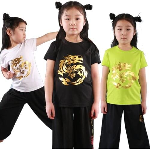 Children cotton chinese dragon pattern T-shirt summer kung fu uniform Martial arts clothing loong Short sleeve t- shirt
