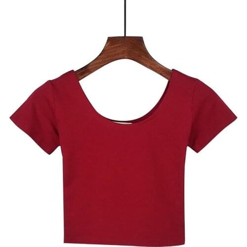 T-shirt Solid Color O Neck Blouse Women Short Sleeve Slim Crop Top for Summer
