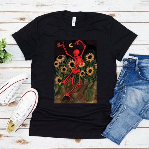 Dancing Skeleton In Sunflowers Unisex T Shirt Skeletons Happy Halloween Tshirt Short Sleeve Gothic Shirt Women Plus Size Tops