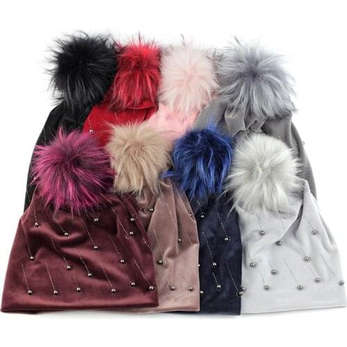 Geebro Fashion Adult Pearl Beanie Hat With 15cm Faux Fur Pompom Skull Cap For Woman Warm Soft Beanies Female Lady Bonnet Caps