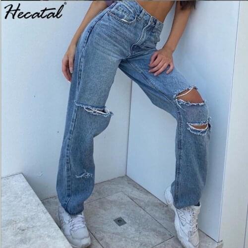 Heeatal High-waisted Pants Jeans Loose and Thin Trousers Women Ripped Hole Distressed Wide-leg Jeans Goth Pants Mujer Pantalones