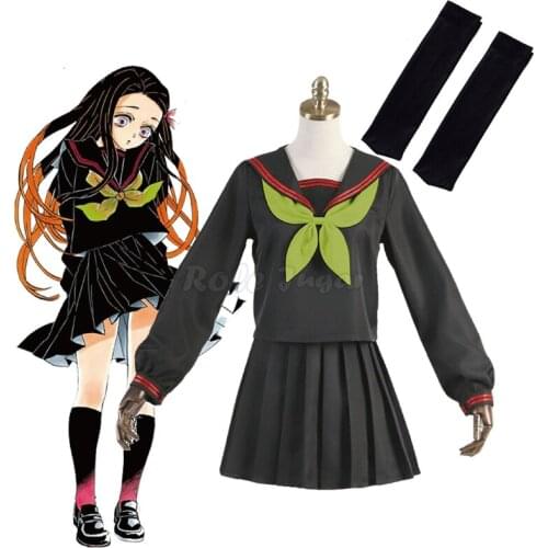 4pcs Anime Demon Slayer Kimetsu no Yaiba Cosplay Kamado Nezuko Costume Women Girls JK School Uniforms Sailor Suit Wig C62M170