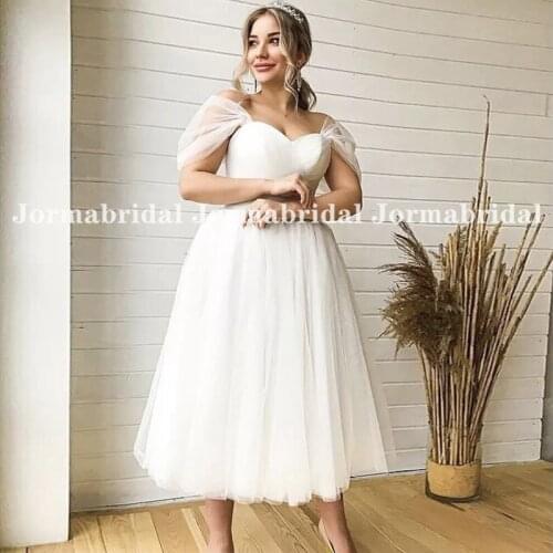 Summer Short Wedding Dresses Sweetheart Neckline Off The Shoulder Soft Tulle Tea Length Beach Bridal Dress Princess Party Gowns