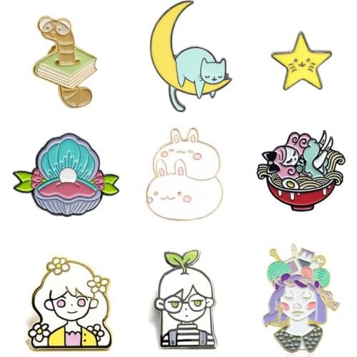 Fashion Brooches Beautiful Girl Sleeping Cat Moon Star shell Pearl Cute Rabbit Bookworm Enamel Lapel Pins Brooch Badges Gifts