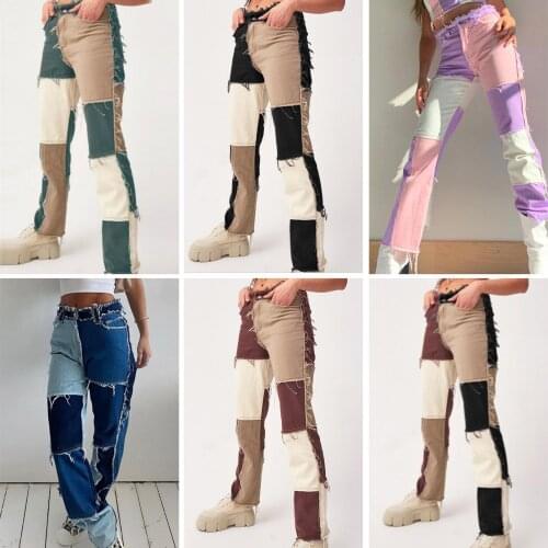 Fashion Women Patchwork High Waist Belt Slim Jeans Straight Denim Pencil Pants