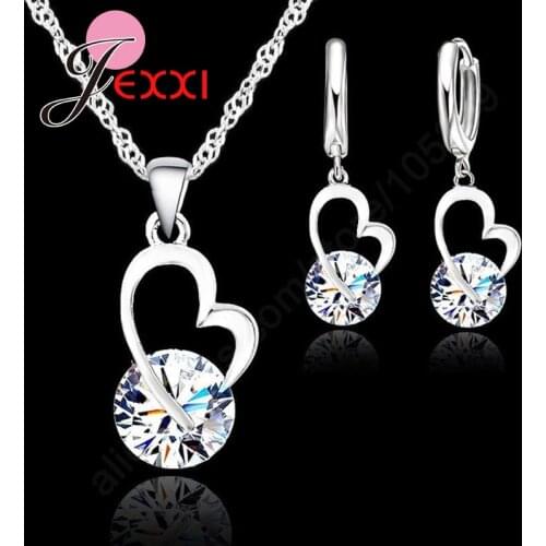 Fashion Wedding Gift Jewelry 925 Sterling Silver Heart Round Crystal Earrings Necklace Set Hot High Quality Gifts For Women