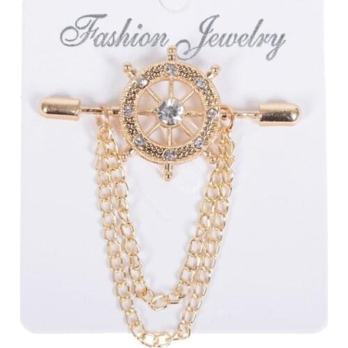 Korea Suit Brooch Pins Crystal Rudder Chain Men Brooches Shirt Collar Pins Broches Vintage Lapel Pin Brooches Jewelry Gift