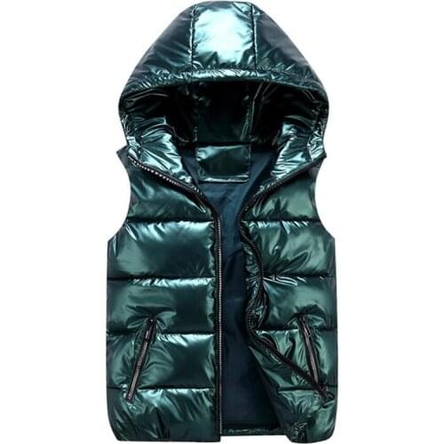 Mens Sleeveless Jacket Fashion Shiny Vest Autumn Warm Hood Pockets Cotton Padded Husband Red Black Winter Down Waistcoat Male