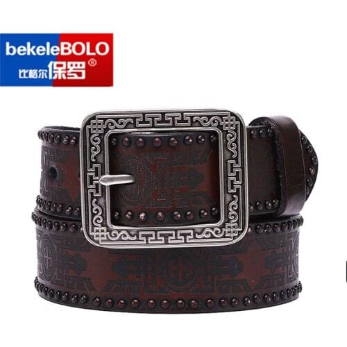 Bekele bolo Cowboy Motorcycle Jeans Heavy Metal Rivet Belts For Men Genuine Leather Men Belt Punk Rock Male Strap Ceinture Homme