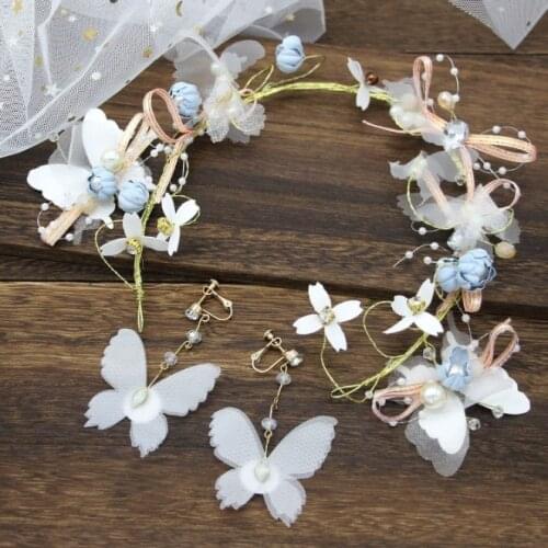 Handmade Flower Butterfly Wedding Jewelry Hairband Crown Forest Style Party Engagement Hair Accessories Earring Set For Bridal