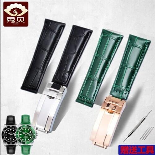 New 20mm Genuine Leather Watchband Black Green Calfskin Strap with Oyster Lock Buckle For Daytona GMT Day-date Watch Free Ship