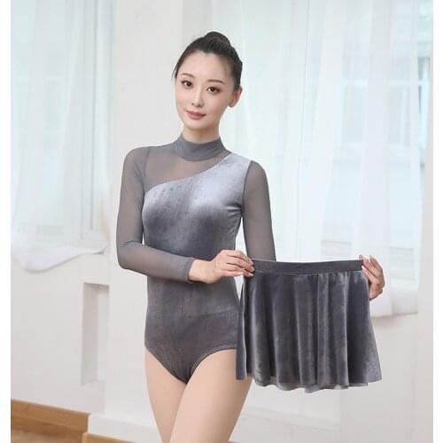 Korean Style Mesh Patchwork Ballet Dance Dress Slim Fit Velvet Long Sleeve Tops Skirts Suit Ballet Leotards for Women Dancewear