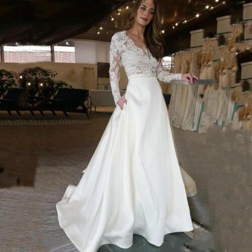 Long Sleeve Wedding Dress 2020 V Neck Boho Appliques Lace Top Satin Skirt Bride Gown Pocket Custom Made Simple Robe De Mariee