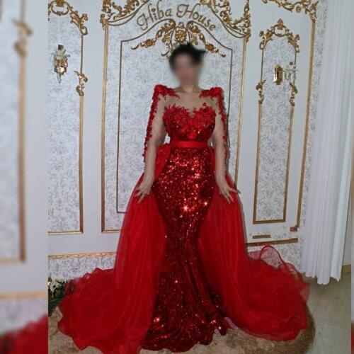 Gorgeous Mermaid Red Evening Dresses with Detachable Train Floral Applique Sequin Prom Gowns Long Sleeves vestidos formales
