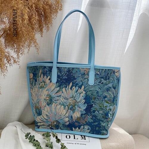 Large Capacity Canvas Women Handbags Female 2021 New Fashion Printing Monet Water Lily Tote Shoulder Bags High Quality Bags