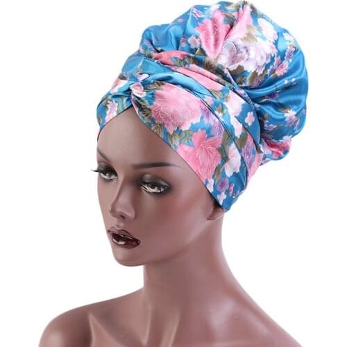 Womens American Satin Turban Printing Ribbon Double Satin Hair Cap Headcover Scarf Wrap Coloring Styling Popular Round Hat