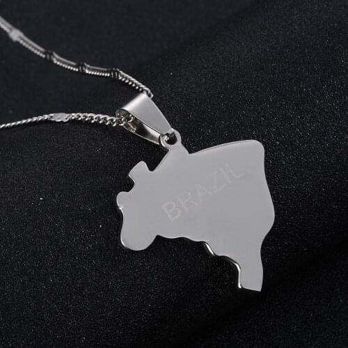 Stainless Steel Brazil Map Brasil Flag Pendant Necklaces for Women Brazilians Chian Jewelry