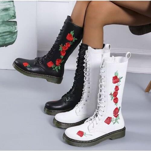 Beige Mid Calf Embroidered Embroidery Big Size Brand Women Winter Boots Genuine Leather Shoes Flower Handmade Flat High Heelyy8