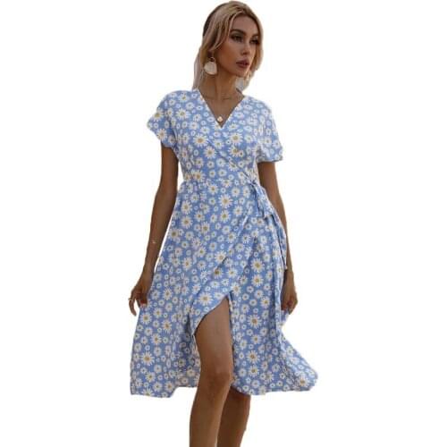 Summer Women Dress 2021 Casual V-neck Short Sleeve Floral Print Split Asymmetric Wrap Dress Vestidos Robe Femme