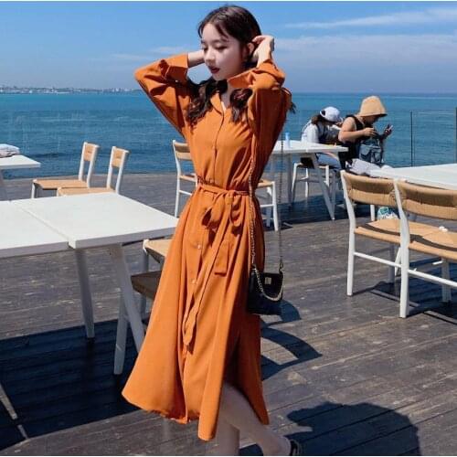 Women 2021 Spring Autumn Elegant Casual Solid Split Shirt Dress Cotton and Linen Lace-up Single Breasted Long Dresses Y401
