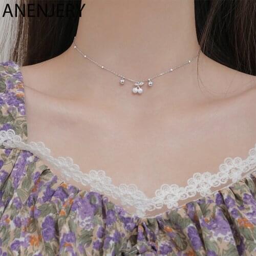 ANENJERY 925 Sterling Silver Glittering Zircon Cherry Tassel Bead Chain Necklace for Women Dainty Jewelry S-N688