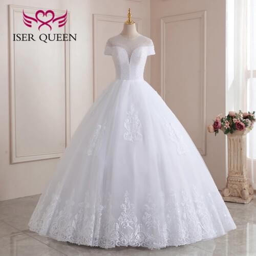 Sheer Neck Short Sleeves Pearls Beaded Princess Wedding Dress 2020 Europe American New Beautiful Embroidery Wedding Gowns WX0208