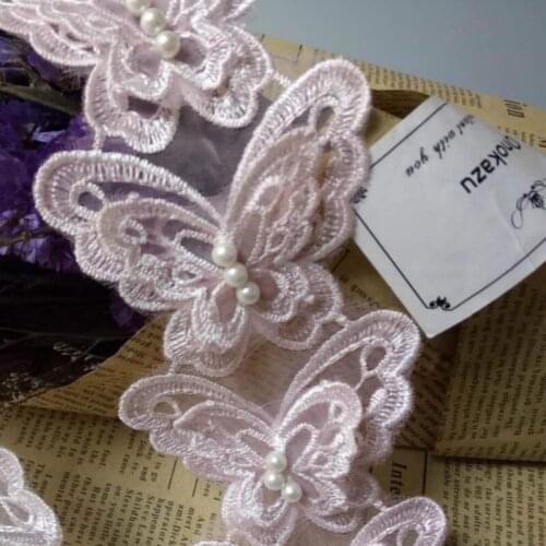 1 yard Light Pink Butterfly Flower Soluble Organza Lace Trim Wedding Embroidered Handmade Patchwork Ribbon Sewing Supplies Craft