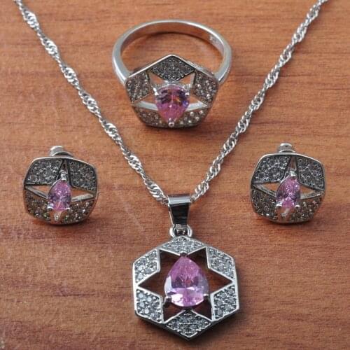 2020 New Pink CrystalSilver Color Jewelry Sets For Women Brithday Gift Crystal Earrings Necklace Pendant Ring Set JS0643