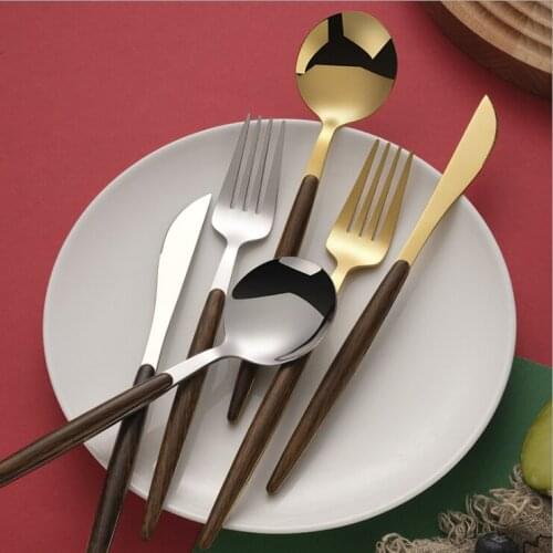 30Pcs Wood Steak Knife Dinnerware Stainless Steel Golden Cutlery Western Food Knife fork Teaspoon Cutlery Set Tableware