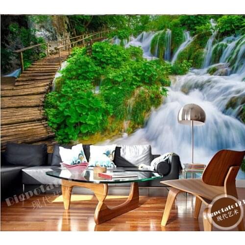 Custom 3D murals,beautiful forest wood path green forest waterfall scenery, living room sofa TV bedroom background wallpaper