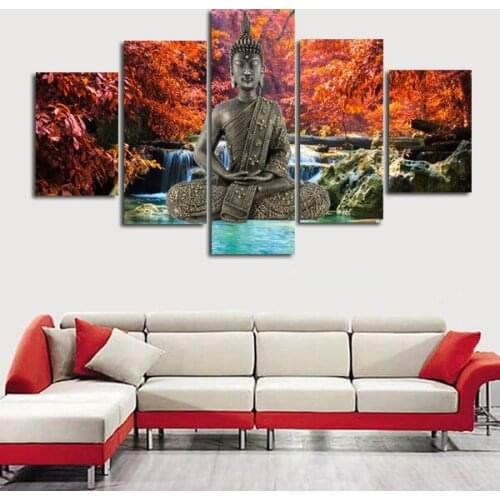 Full Square Round Diamond Painting 5 pcs,5D DIY Diamond Mosaic 3d Waterfall Autumn Landscape Buddha Statue round Embroidery set