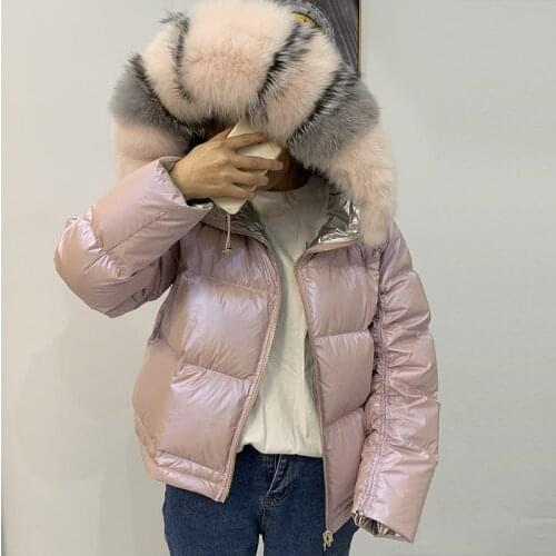 Large fake Natural Fox Fur Winter Jacket New Double Sided Waterproof Coat Women Down Parkas Coats Hooded White Duck Down Jacket