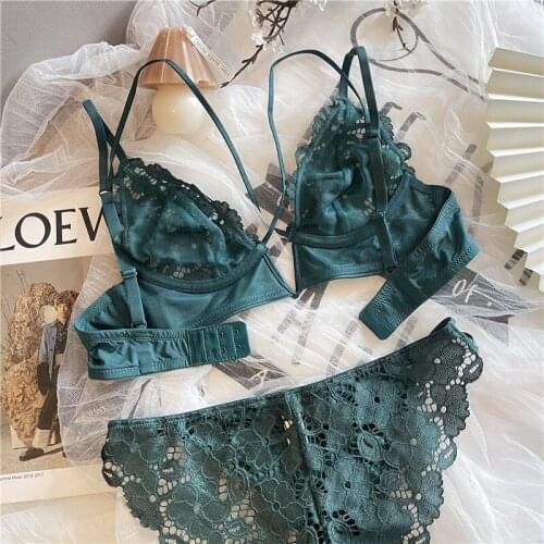 Lace bralette no steel ring triangle cup lingerie underpants sexy strap ultra-thin bra set big breasts show small underwear